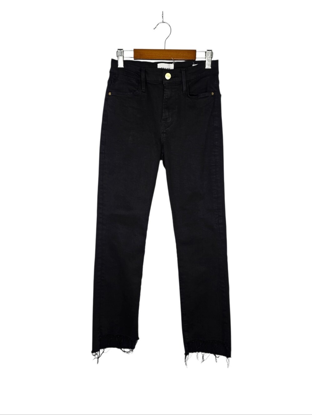 FRAME Le High Straight Fringe Jeans Black Raw Frayed Hem Cropped Western Chic 25